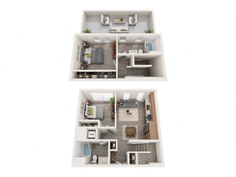 A 3D floor plan of a house with two bedrooms, a living room, a kitchen, and a bathroom.